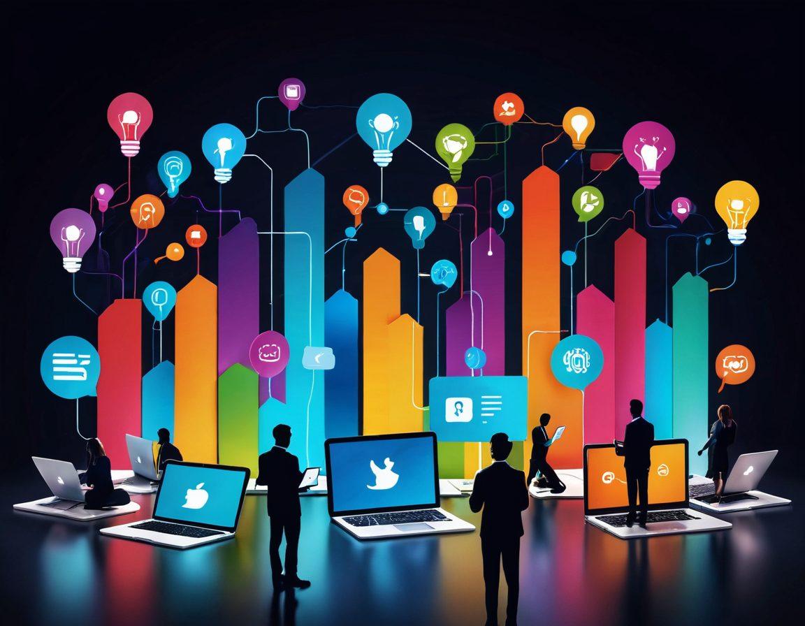 A vibrant digital landscape featuring a diverse group of people engaging with various types of content on their devices—laptops, tablets, and smartphones. Visual elements like social media icons and colorful graphs represent growth and engagement. Incorporate lightbulbs symbolizing ideas and strategy, all set against a dynamic, abstract background that conveys innovation. super-realistic. vibrant colors. 3D.