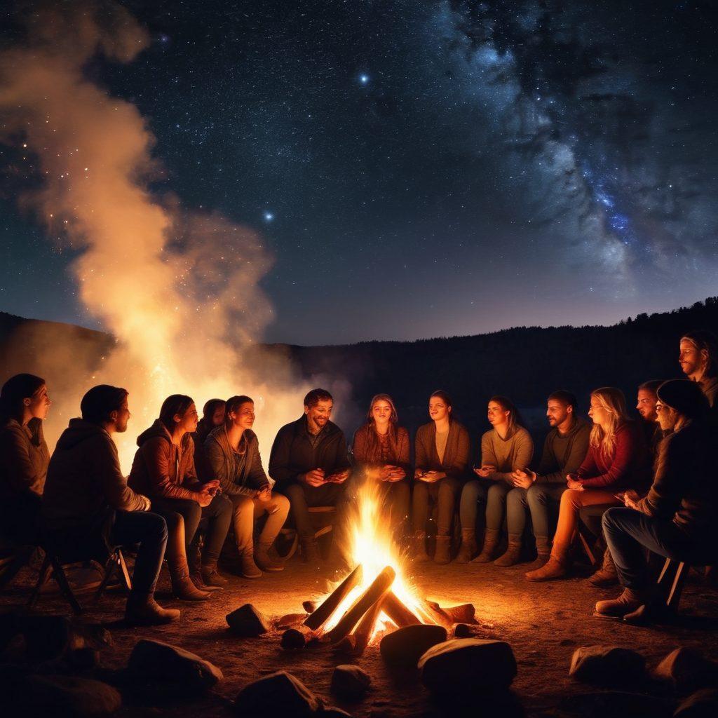 A captivating scene of a storyteller standing by a glowing campfire, surrounded by an engaged audience of diverse individuals, lost in the magic of the narrative. The storyteller uses expressive gestures, while twinkling stars illuminate the night sky. A sense of wonder and connection emanates from the group, depicting various emotions on their faces as they immerse in the story. ethereal, magical, warm colors, storytelling theme.